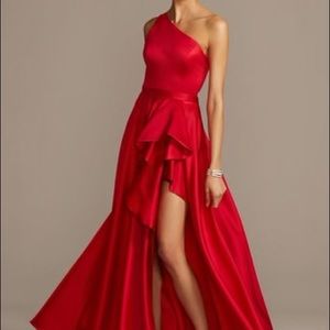 Red One Shoulder Satin Cascade Gown new w/ tags